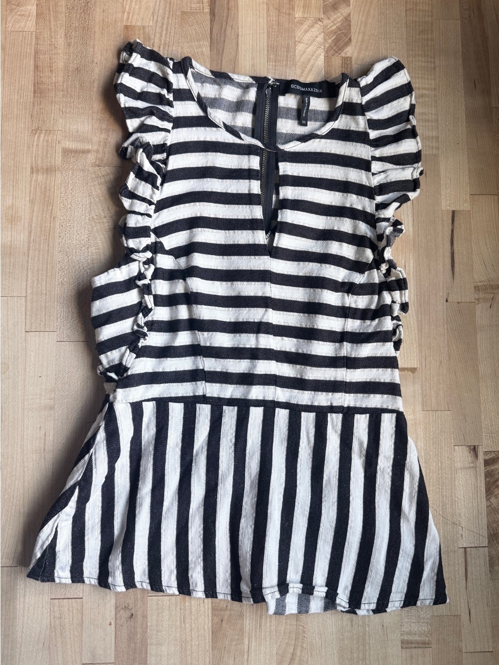 BCBGMAXAZRIA Black and White Striped Ruffle Peplum Top